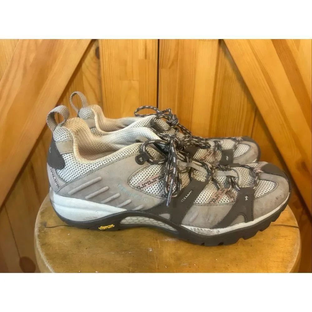 Merrell Hiking Shoes 9.5 Elephant/Pink Waterproof Vibram Low Lace Up